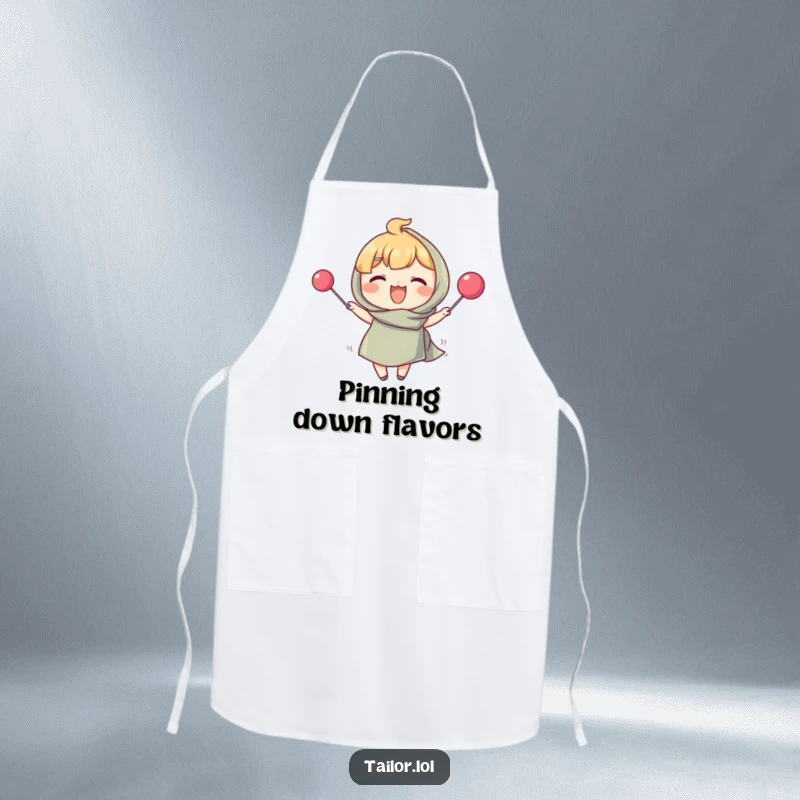 Funny apron with a character pinning fabric using an oversized pin, protecting crafters with humor. An ideal funny gift for quilters.