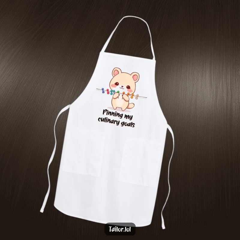 Funny Pinning Animal Apron: A cute animal character happily pinning fabric with colorful pins. Protects clothes with a humorous, organized touch.