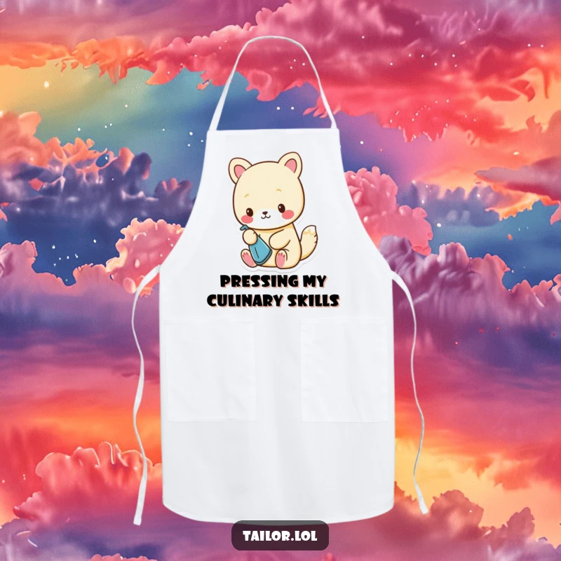 Funny Apron: Cute animal character is carefully ironing a tiny piece of cloth with a miniature iron, wearing an apron.
