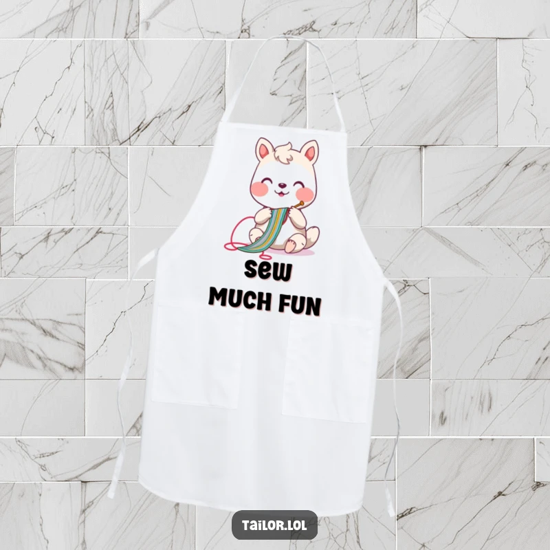 Funny sewing animal apron with a cheerful character holding a needle and thread, making a colorful stitch, for messy fun.