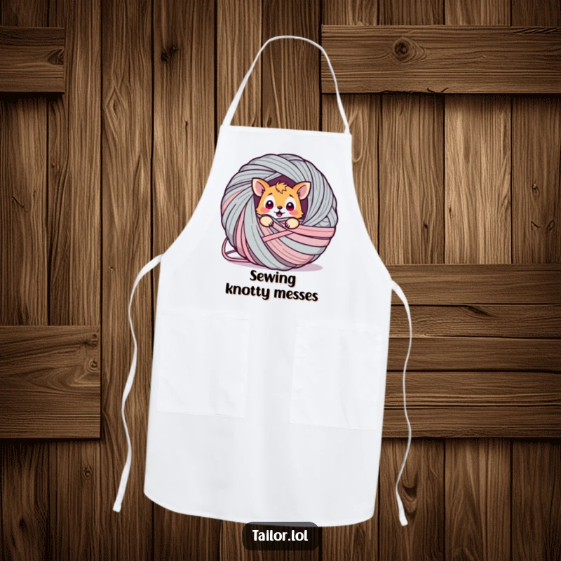 Funny animal apron, a cute creature hilariously tangled in a giant ball of yarn, ready for any crafting adventure.