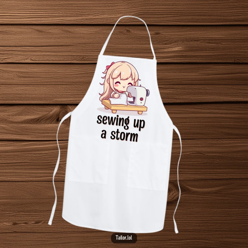 Funny apron with a happy, determined character using a sewing machine, designed for comfort and protection during sewing projects.