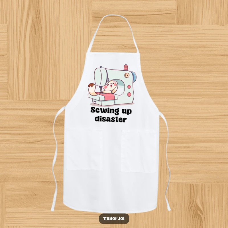 Funny apron showcasing a cute animal character struggling to push a large sewing machine, bringing humor to the crafting process.