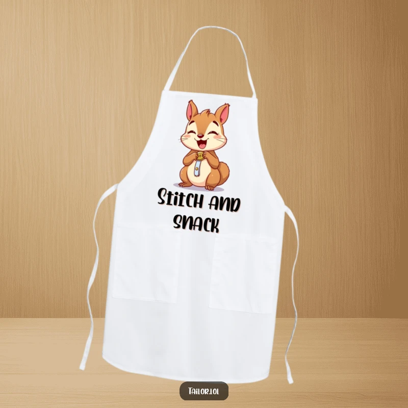 Funny apron with an excited squirrel character sewing a button, perfect for humorous crafting sessions.