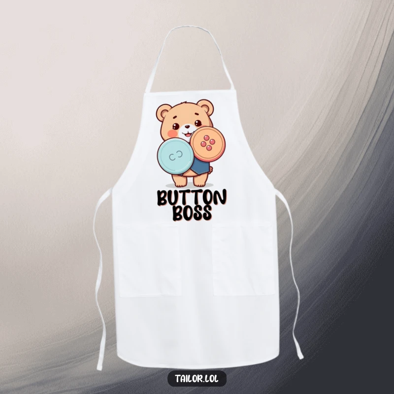 Funny apron depicting a happy Kawaii bear tailor proudly holding a large sewing button, perfect for protecting clothes while crafting.