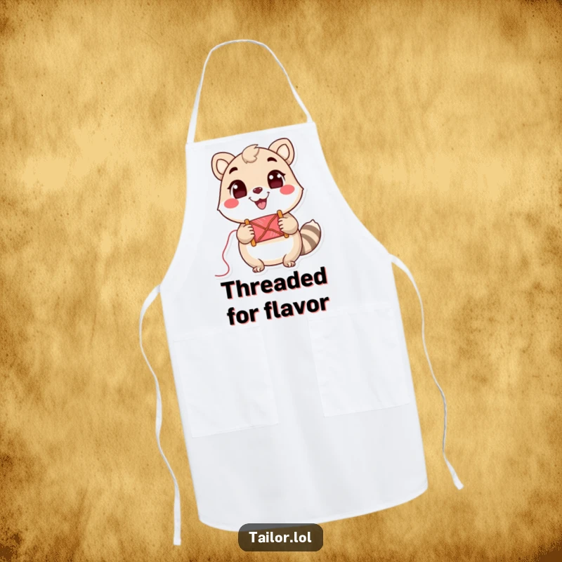 Funny Apron: Cute animal character is holding a spool of thread with a cheerful grin, ready to craft.