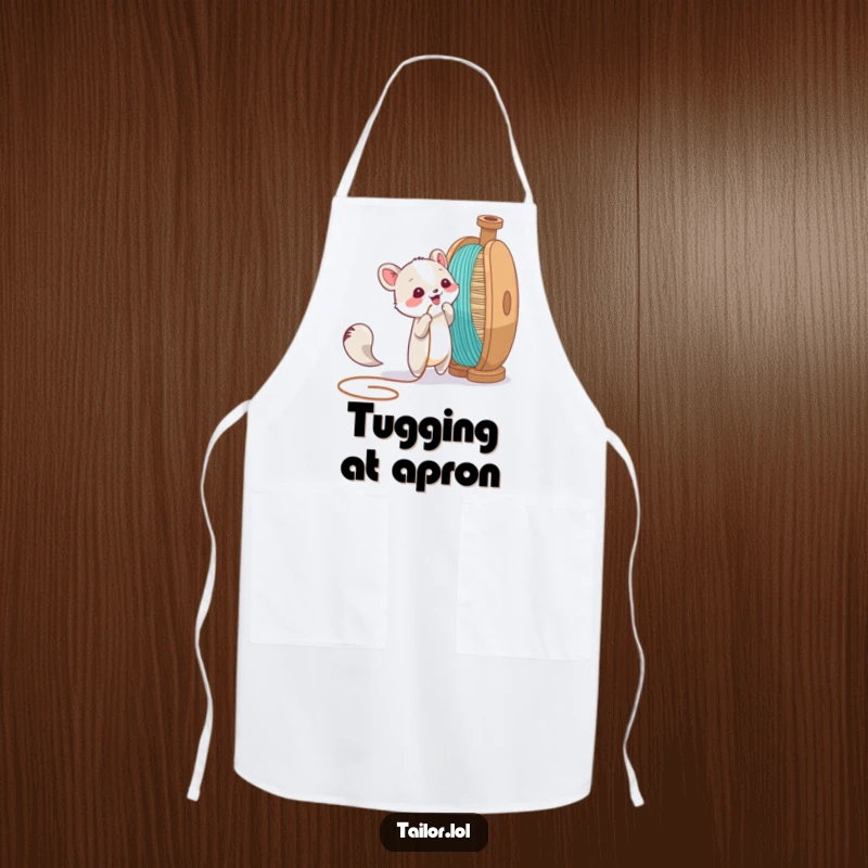 Funny apron showcasing an animal character playfully pulling a thread from a giant spool, a humorous and practical accessory.