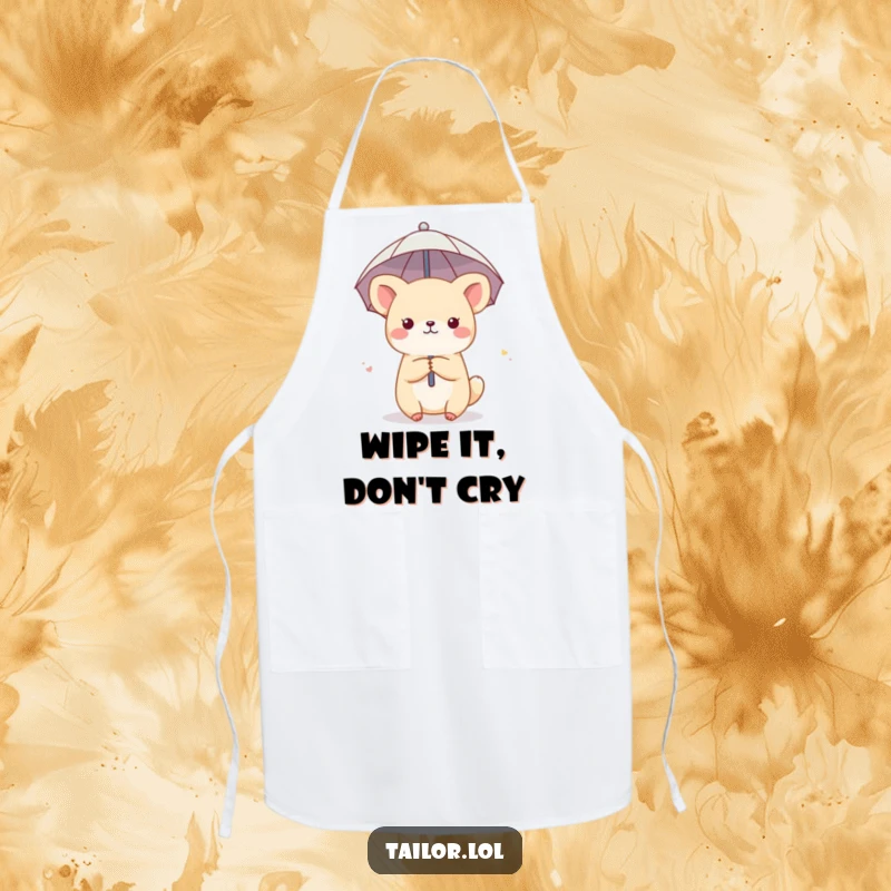 Funny apron adorned with a cute animal character using a thimble as a tiny umbrella, ideal for humorous kitchen activities.