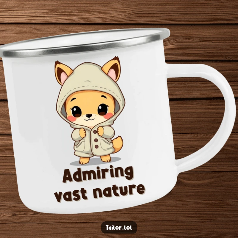 Funny animal camping mug, a curious creature admiring a large, beautifully stitched garment, perfect for outdoor appreciation of art.