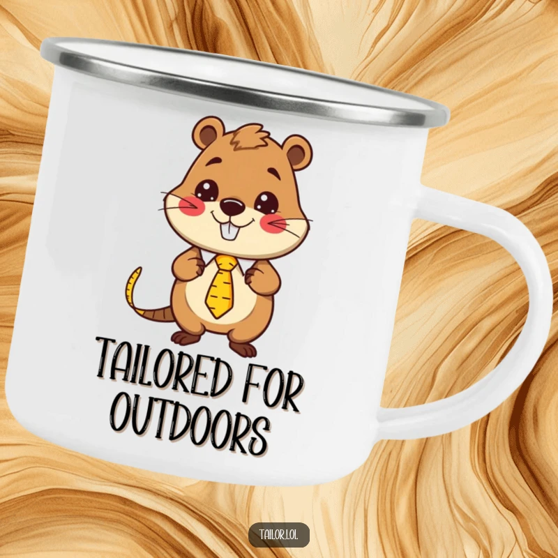 Funny Kawaii beaver tailor character wearing a measuring tape as a necktie, humorous enamel camping mug for outdoor sewing lovers.