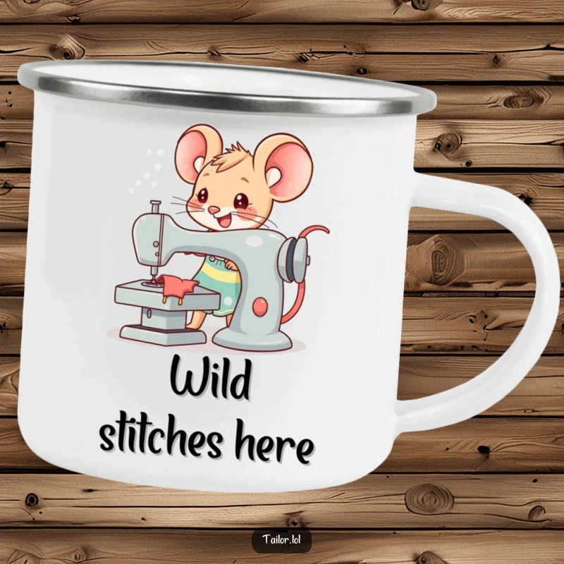 Funny Kawaii mouse tailor character joyfully operating an oversized sewing machine, humorous enamel camping mug for outdoor sewing lovers.