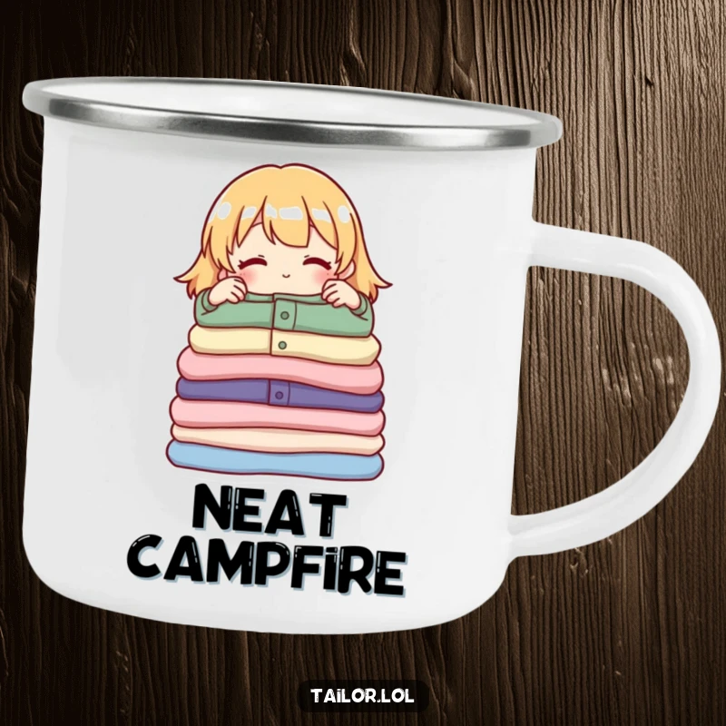 Funny camping mug showcasing a proud character adjusting a neat pile of folded garments, perfect for tidy outdoor enjoyment.