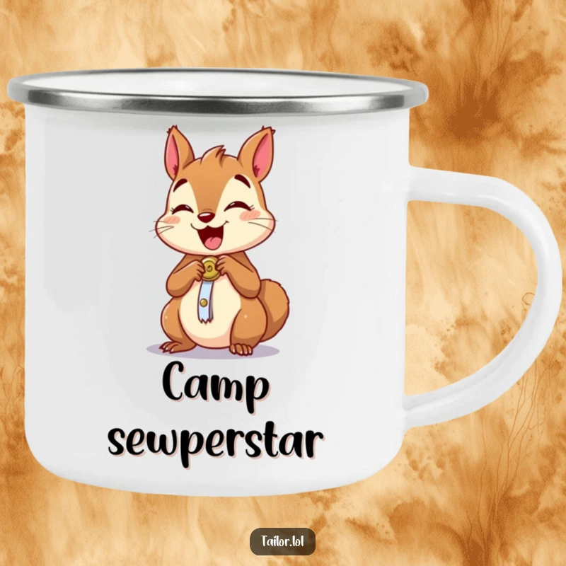 Funny camping mug with an excited squirrel character sewing a button, perfect for outdoor humor and utility.