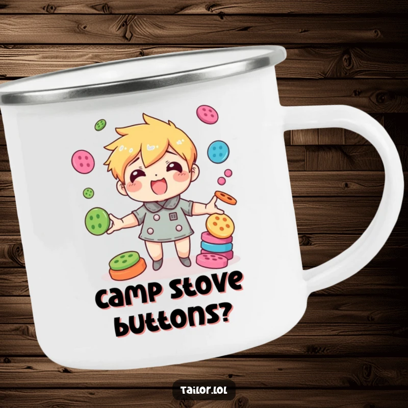 Funny character comically juggling colorful buttons with great agility, a humorous and durable camping mug.