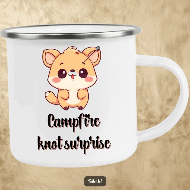 Funny cute animal character looking surprised by a needle and thread, designed for outdoor use on a humorous and durable camping mug.