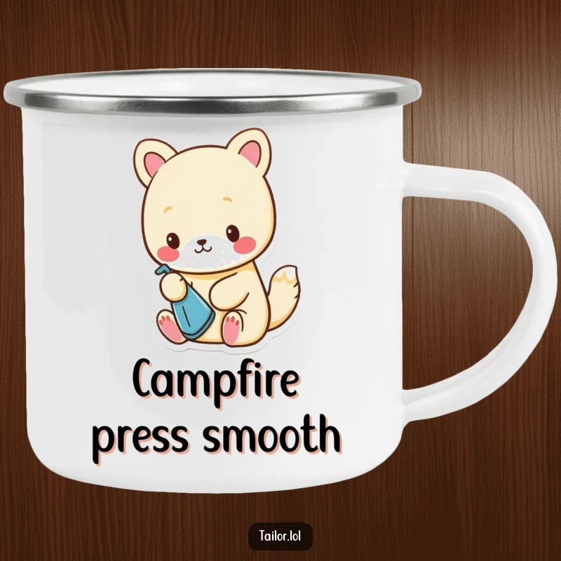 Funny Camping Mug: Cute animal character carefully ironing a tiny piece of cloth with a miniature iron, ready for adventure.