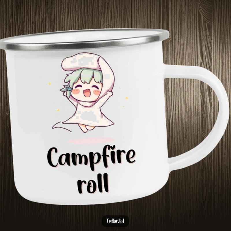 Funny camping mug showcasing a character joyfully bouncing a roll of fabric, designed for humorous outdoor crafting enjoyment.