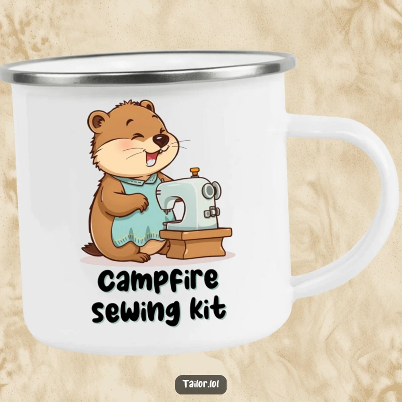Funny enthusiastic beaver tailor sewing on a durable camping mug, designed for makers and humor lovers.