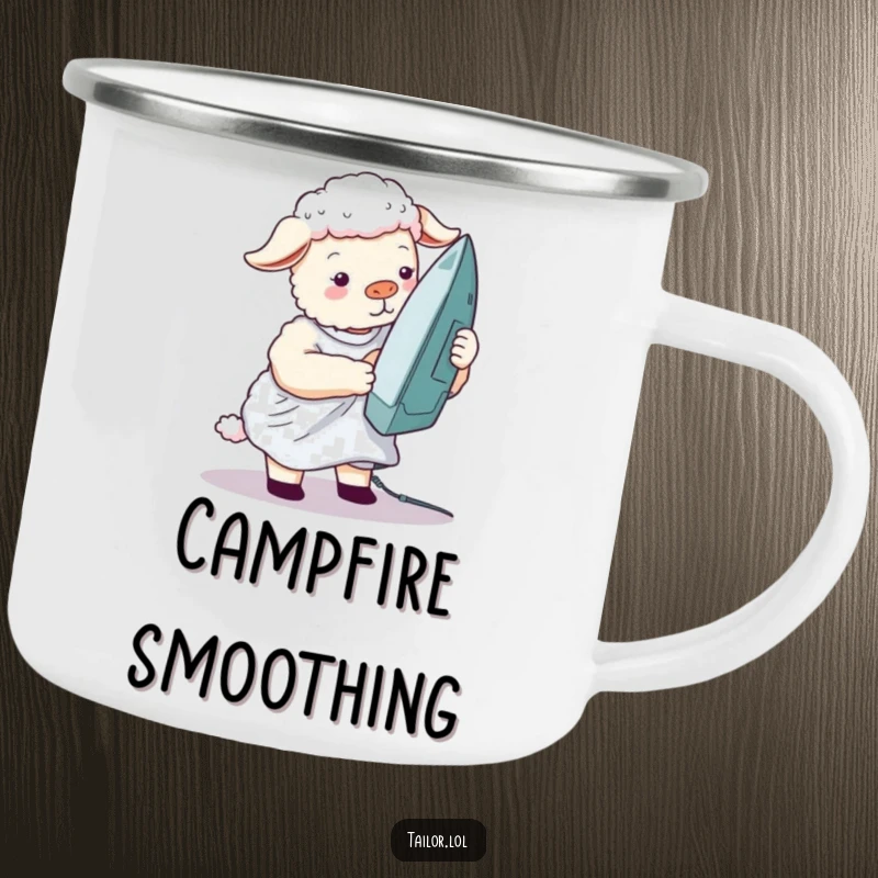 Funny silly sheep camping mug featuring a sheep ironing a wrinkled shirt with a giant iron, for comical camping trips.