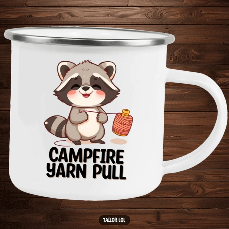 Funny giggling raccoon camping mug featuring a raccoon pulling a thread spool, for delightfully mischievous journeys.