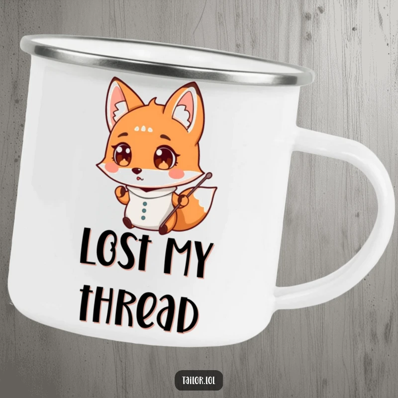 Funny surprised fox tailor dropping a needle, wide-eyed, enamel camping mug, outdoor humor, perfect funny gift.