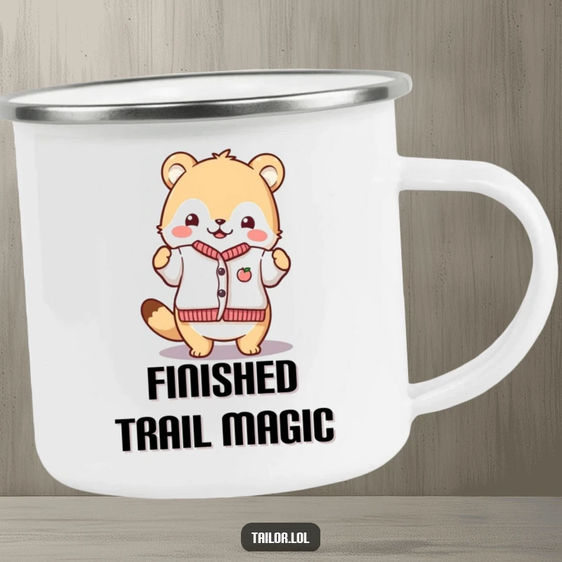 Funny Proud Crafter Camping Mug: A cute animal character proudly displaying a finished tiny garment. Perfect for outdoor inspiration and celebrating success.
