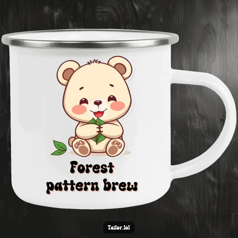 Funny camping mug featuring a joyful bear meticulously cutting a pattern from a leaf, ready for outdoor inspiration.