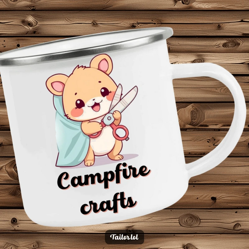 Funny camping mug with a cute animal character happily snipping fabric with oversized, sparkling scissors; durable and fun.