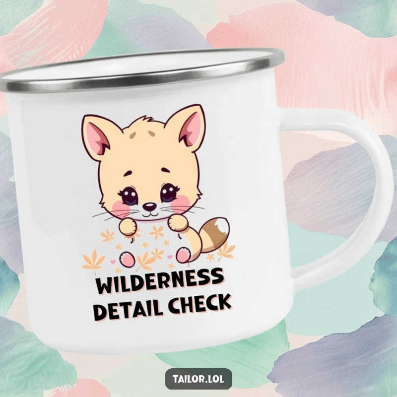 Funny camping mug featuring a cute animal character with intense focus, examining a pattern, perfect for outdoor enthusiasts who appreciate detail.