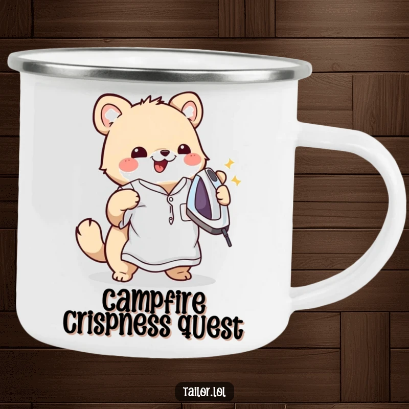 Funny camping mug featuring a cute animal character happily ironing a wrinkled shirt, perfect for outdoor enthusiasts who appreciate neatness.