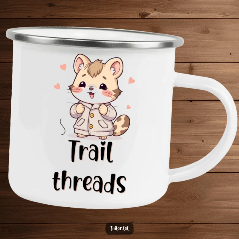 Funny Cute Animal Camping Mug Stitching a Large Garment, Ideal for Outdoor Crafting and Adventures.