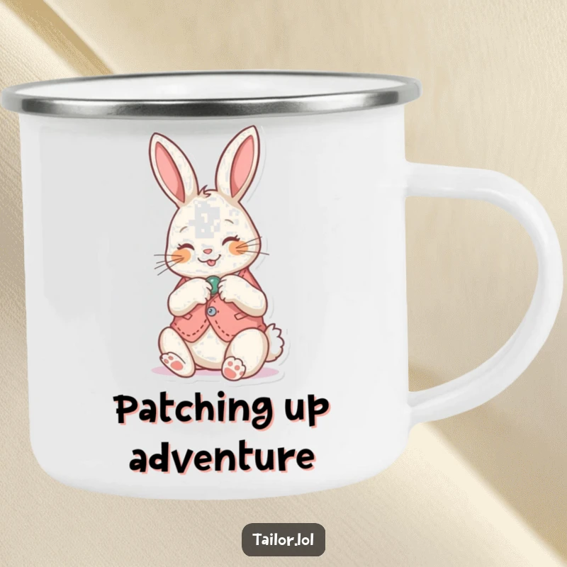 Funny Camping Mug: Happy bunny sewing a button onto a small vest, designed for outdoor enthusiasts and crafters.