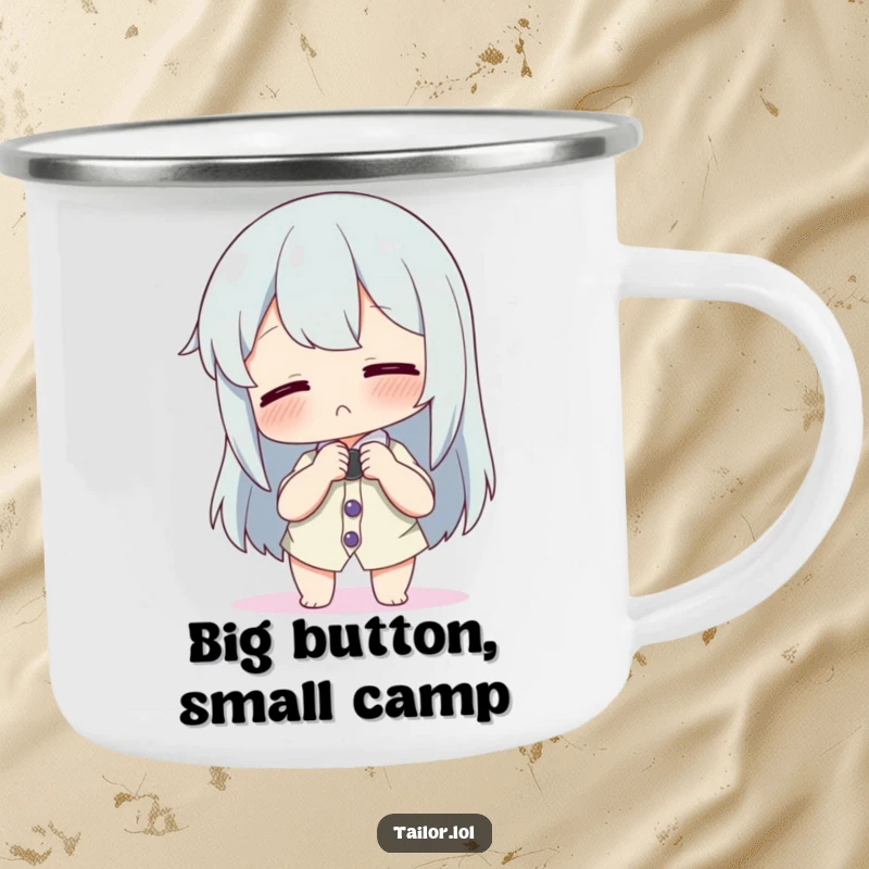 Funny camping mug with a character playfully adjusting a comically large button on a tiny shirt, durable and amusing.