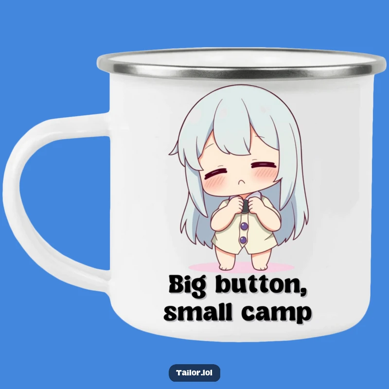 Funny Button Trouble Camping Mug: Adventure & Apparel Humor!