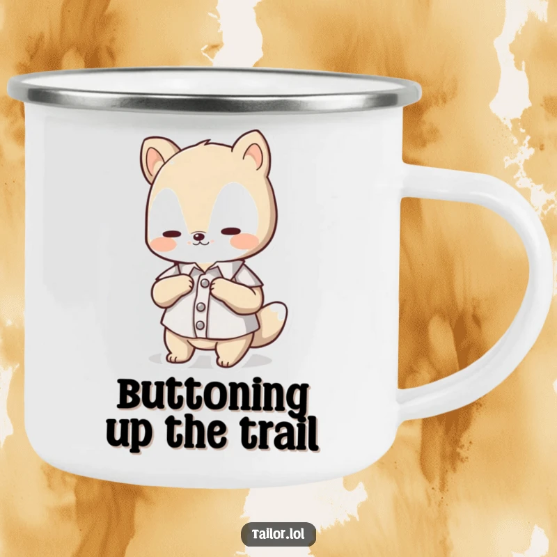 Funny Camping Mug: Cute animal character focused on adjusting a tiny button on a miniature shirt, ready for adventure.