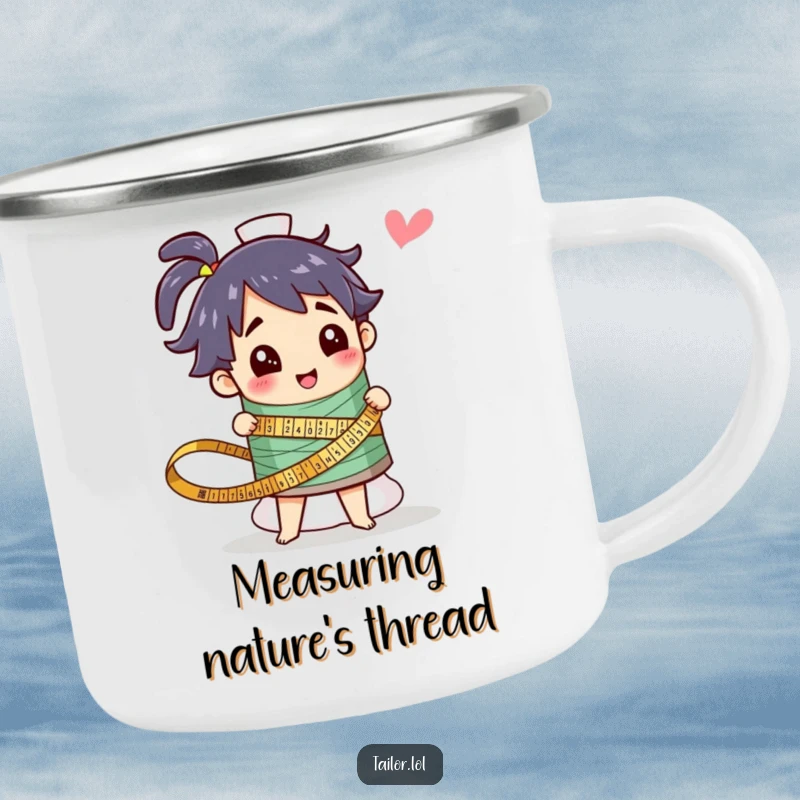 Funny camping mug showing a character measuring a giant thread spool, ideal for outdoor sewing enthusiasts. A humorous gift for crafters.