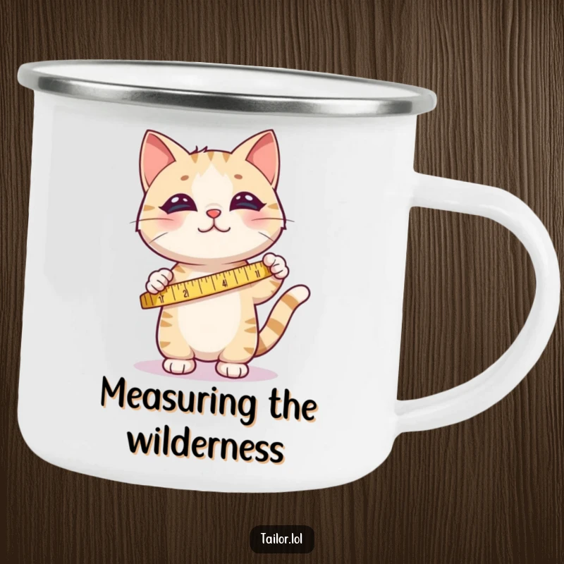 Funny camping mug with a cute cat happily measuring fabric with a tape measure, perfect for outdoor crafting.