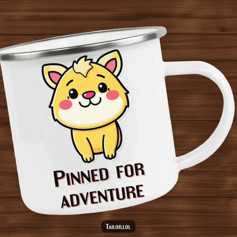 Funny determined sewer camping mug, a cheerful animal character pinning fabric in an outdoor setting.