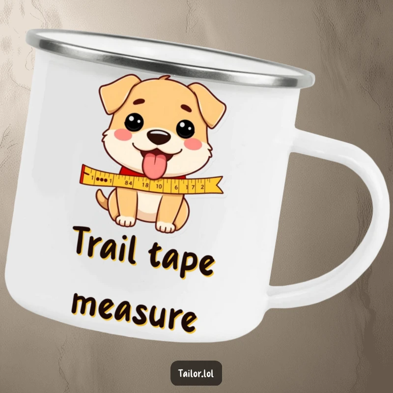 Funny dog camping mug featuring a happy dog tongue out, measuring a ribbon, for memorable outdoor moments.