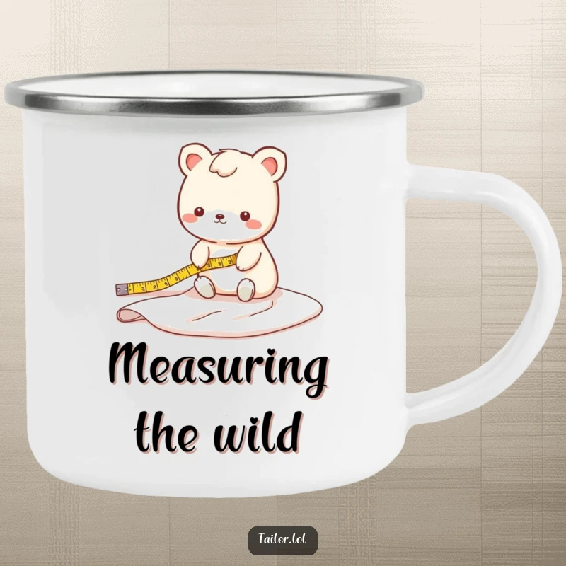 Funny fabric measuring animal camping mug with a cute creature measuring a long bolt of fabric, perfect for outdoor use.