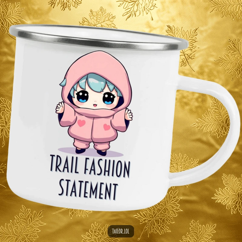 Funny camping mug showcasing a character proudly wearing an odd, colorful garment, designed for humorous outdoor enjoyment.