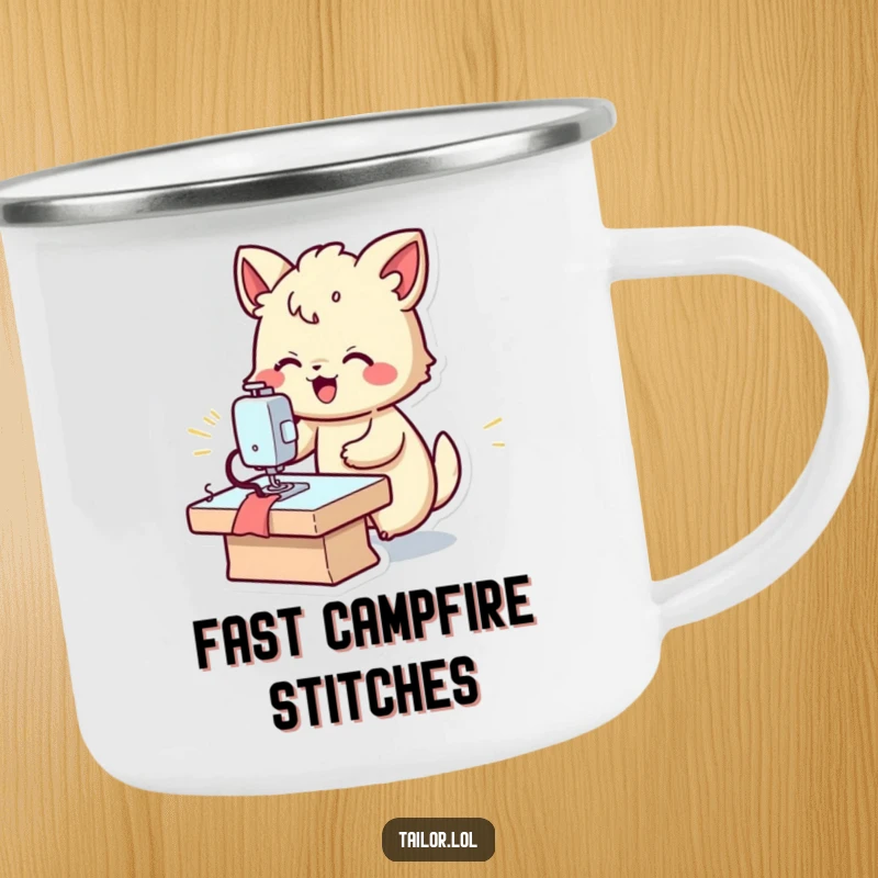 Funny fast sewer camping mug, a joyful animal character using a sewing machine quickly in an outdoor setting.