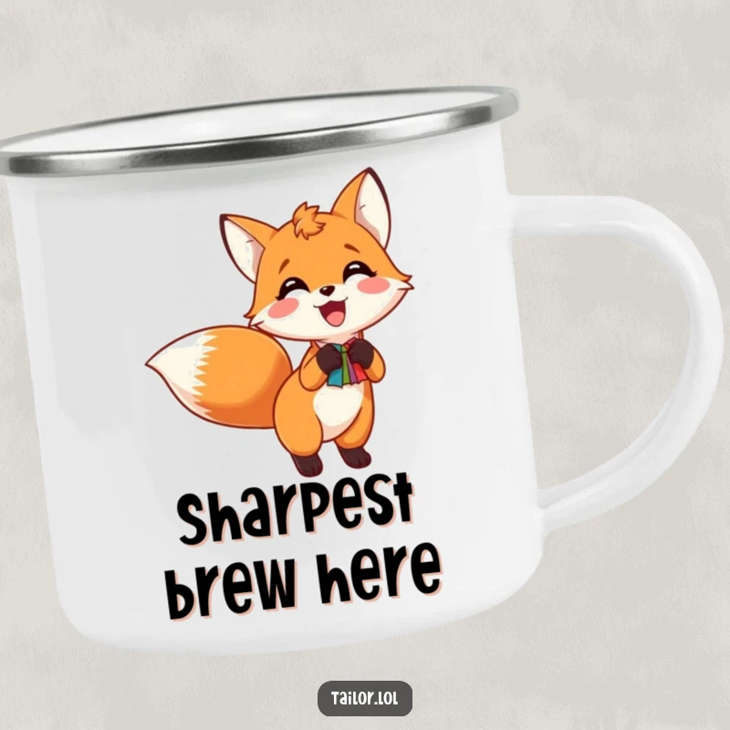 Funny camping mug featuring an excited fox pinning a colorful swatch to its tail, ready for outdoor crafting.