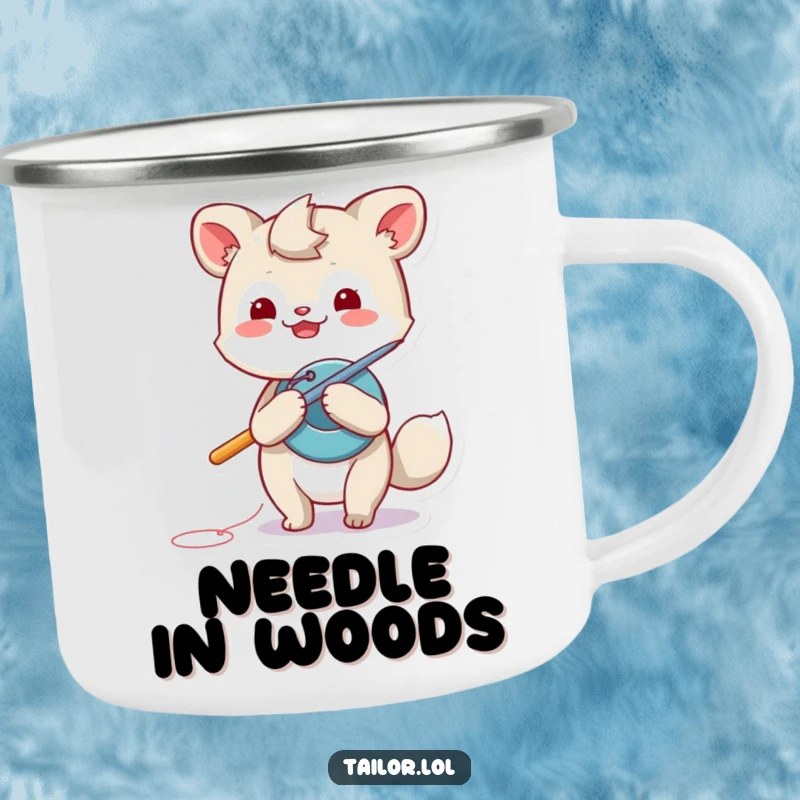 Funny animal camping mug, a playful creature using a giant needle to sew a button, perfect for outdoor repairs.
