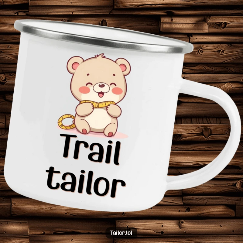 Funny camping mug with a giggling bear character measuring fabric, perfect for outdoor adventures and humor.
