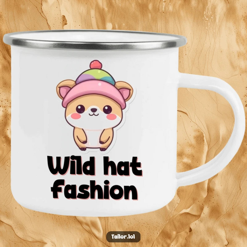Funny hat model camping mug, a happy animal character wearing a small hat in an outdoor setting.