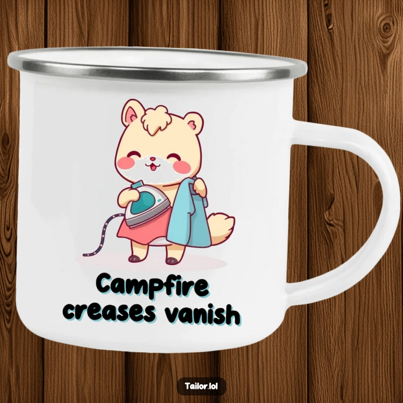 Funny camping mug of a cheerful animal character ironing clothes with a tiny, steaming iron, perfect for humorous outdoor enjoyment.