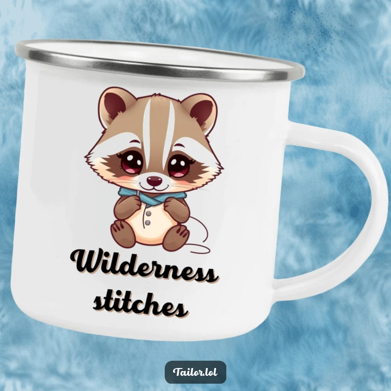Funny Kawaii badger tailor character examining a needle and thread with wide eyes on a sturdy camping mug, funny gift.