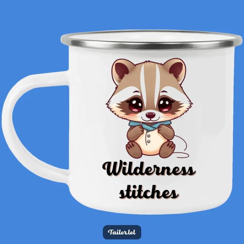 Funny Kawaii Badger Tailor Camping Mug: Curious Needle Focus, Outdoor Gift