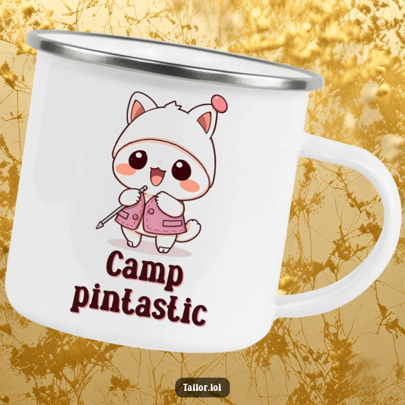 Funny camping mug with a kawaii animal character enthusiastically pinning a garment with a giant hatpin, durable and cute.